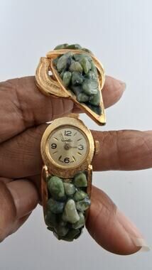 Vintage Gold-Tone Cuff Watch - Green Stone Chip Inlaid Bangle